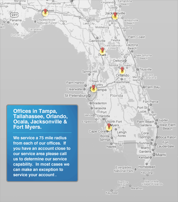 Coverage Area Map - Offices in Tampa, Tallahassee, Orlando, Ocala, Jacksonville and Fort Myers
